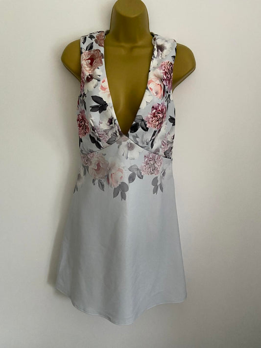 New Look Size 10 Grey Floral Satin V-Neck Mini Dress Sleeveless Party Summer