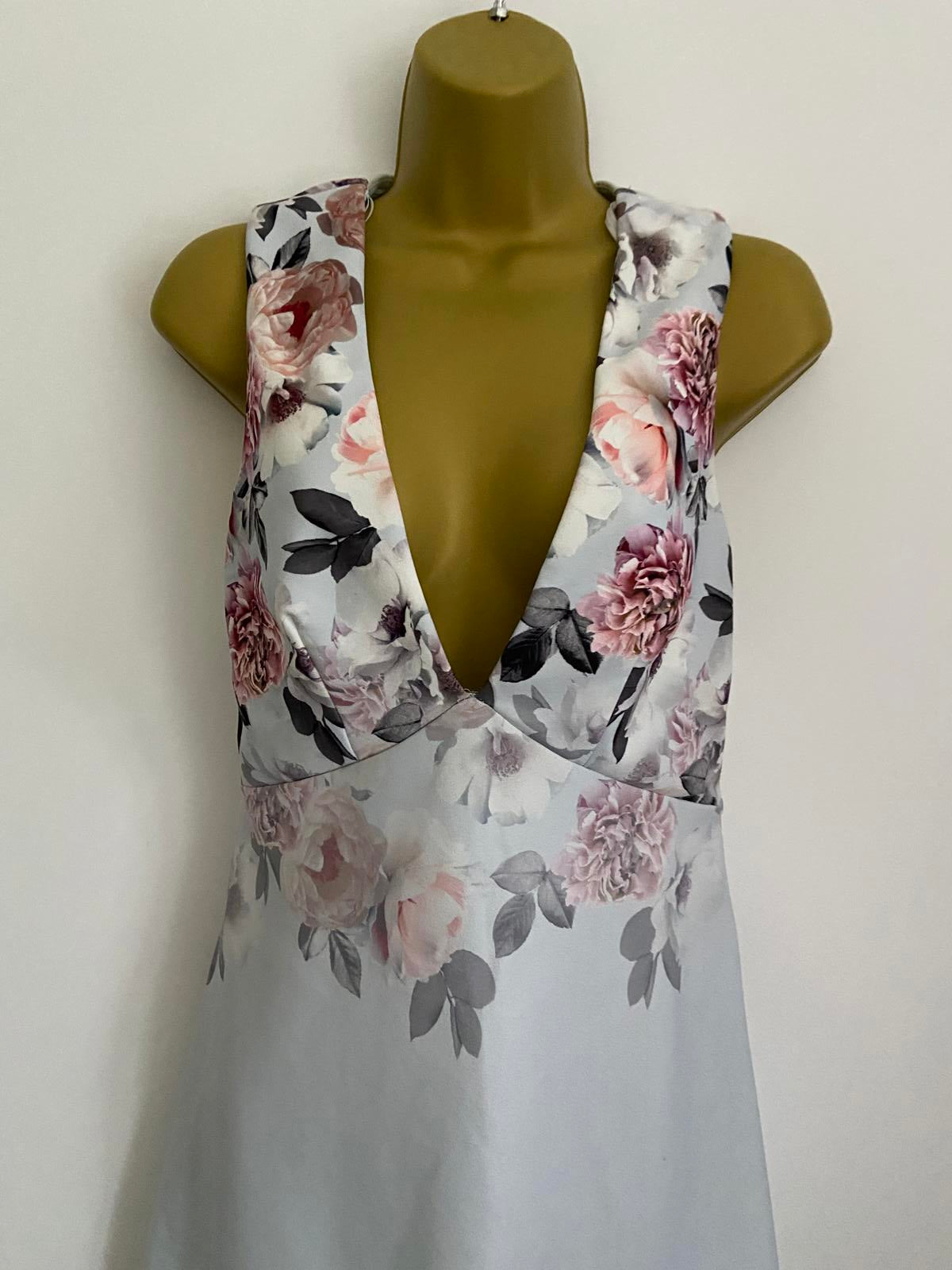 New Look Size 10 Grey Floral Satin V-Neck Mini Dress Sleeveless Party Summer