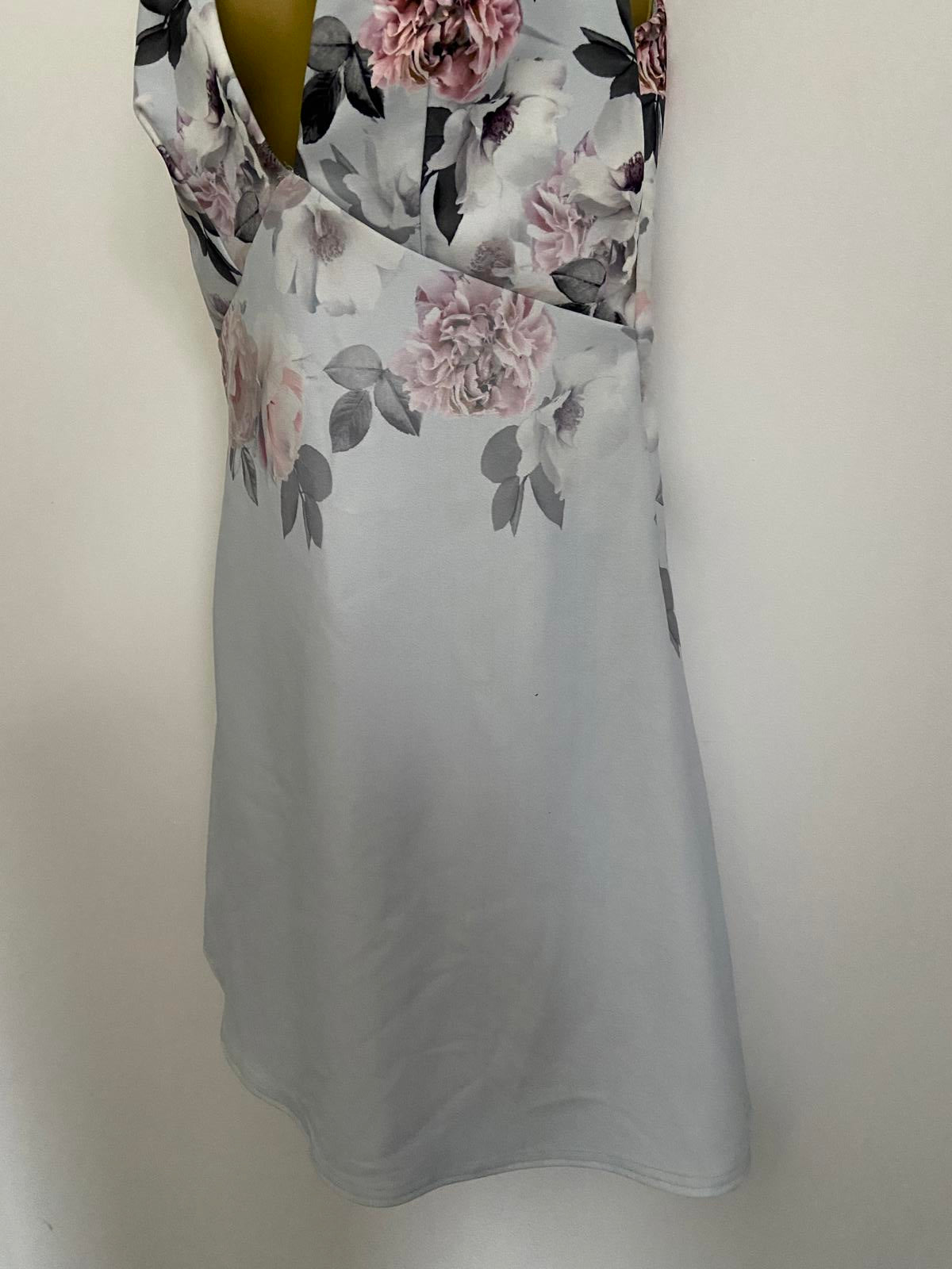 New Look Size 10 Grey Floral Satin V-Neck Mini Dress Sleeveless Party Summer