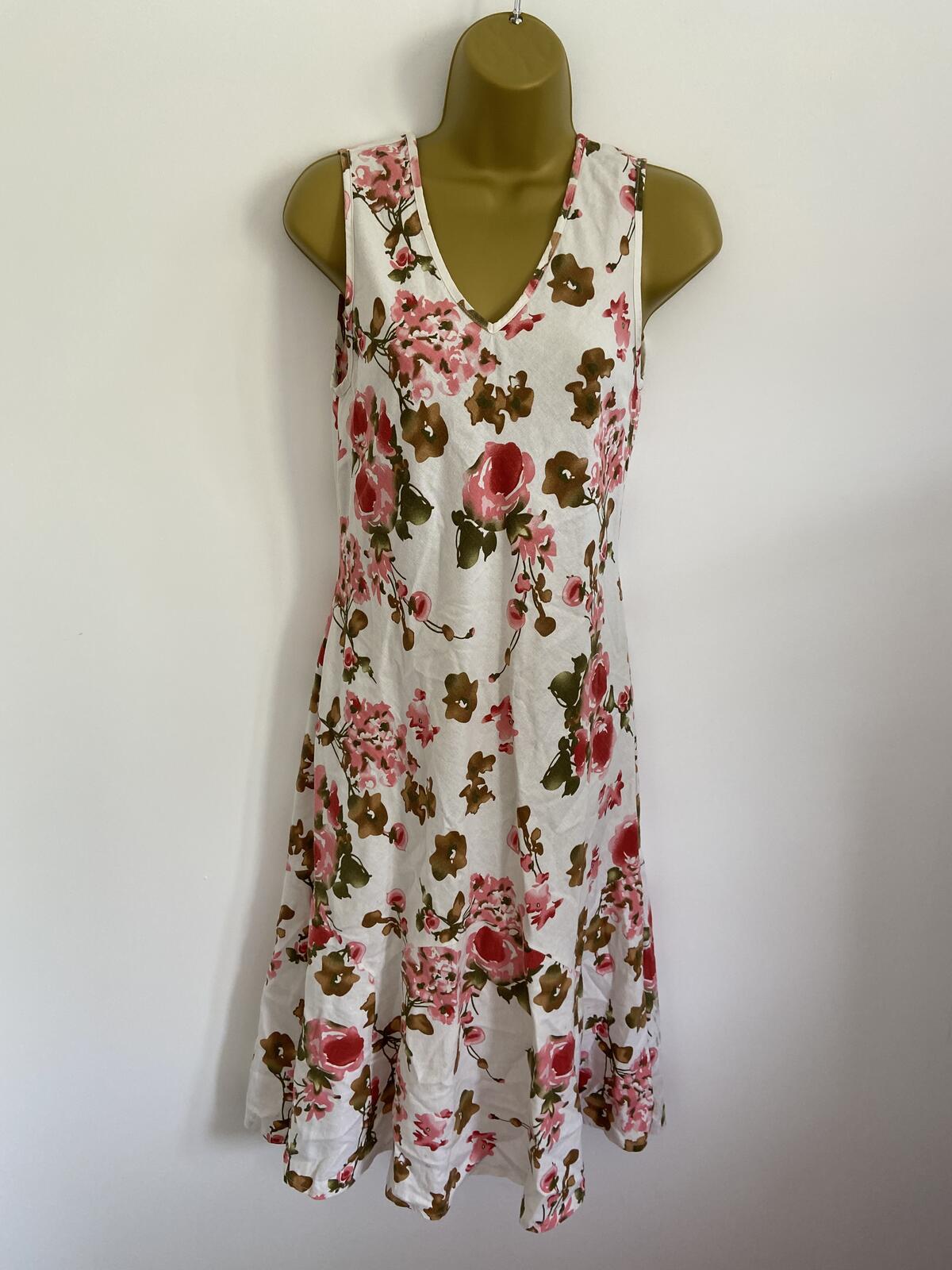 White & Pink Floral Linen Blend Sleeveless Summer Dress Size 12