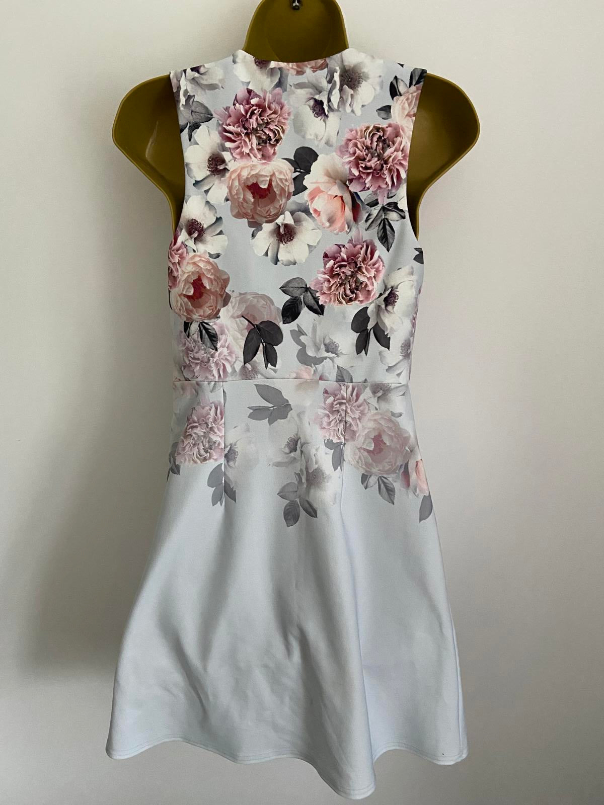 New Look Size 10 Grey Floral Satin V-Neck Mini Dress Sleeveless Party Summer