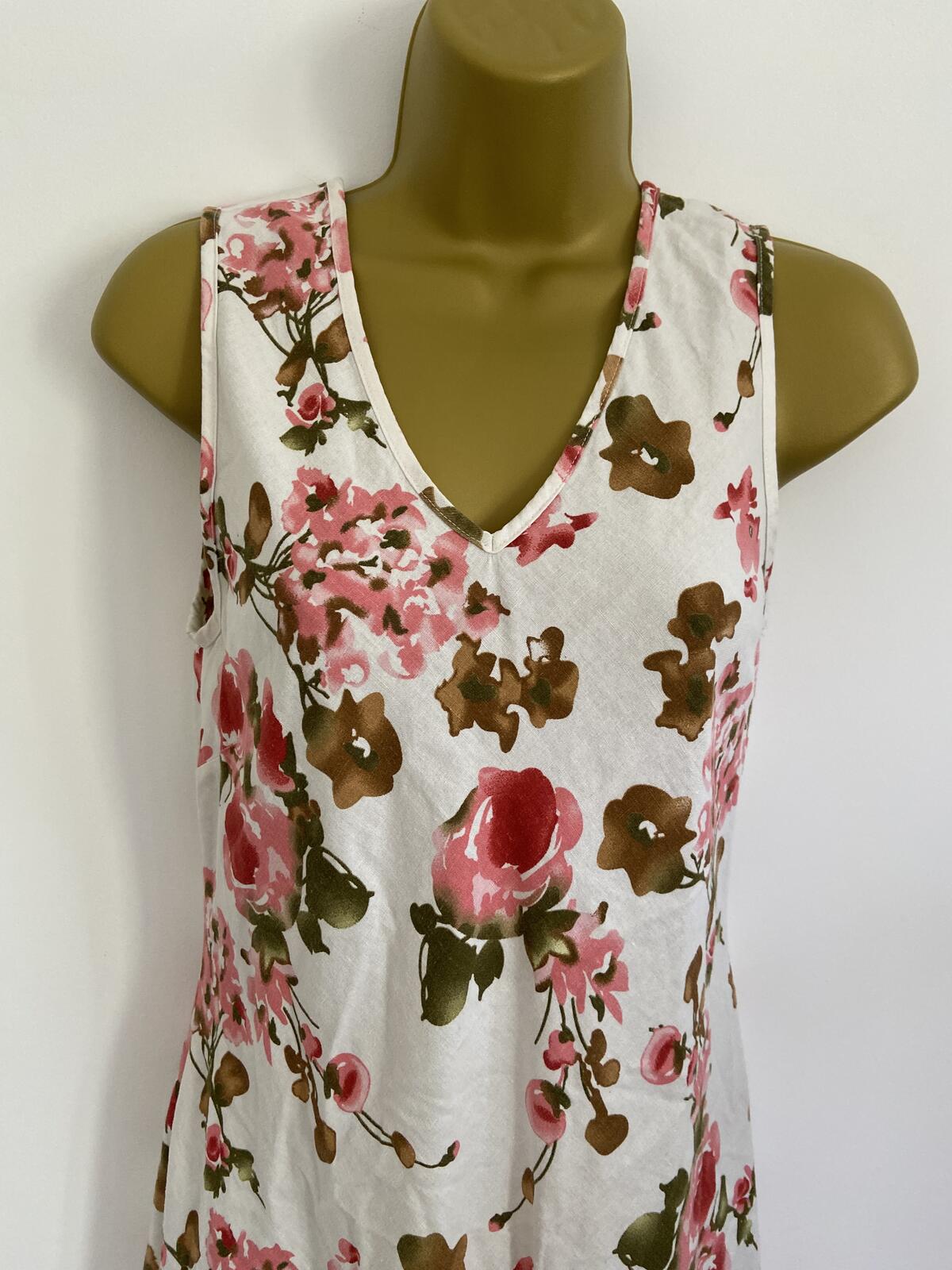White & Pink Floral Linen Blend Sleeveless Summer Dress Size 12
