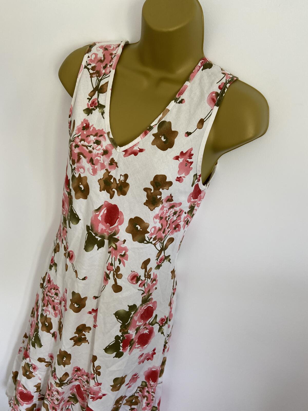 White & Pink Floral Linen Blend Sleeveless Summer Dress Size 12