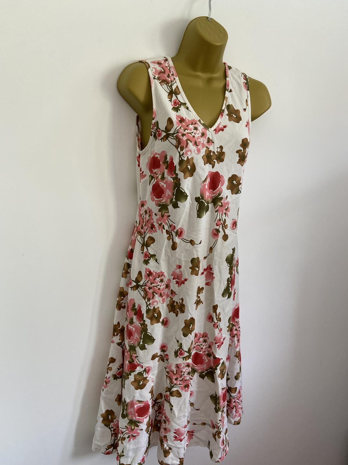 White & Pink Floral Linen Blend Sleeveless Summer Dress Size 12