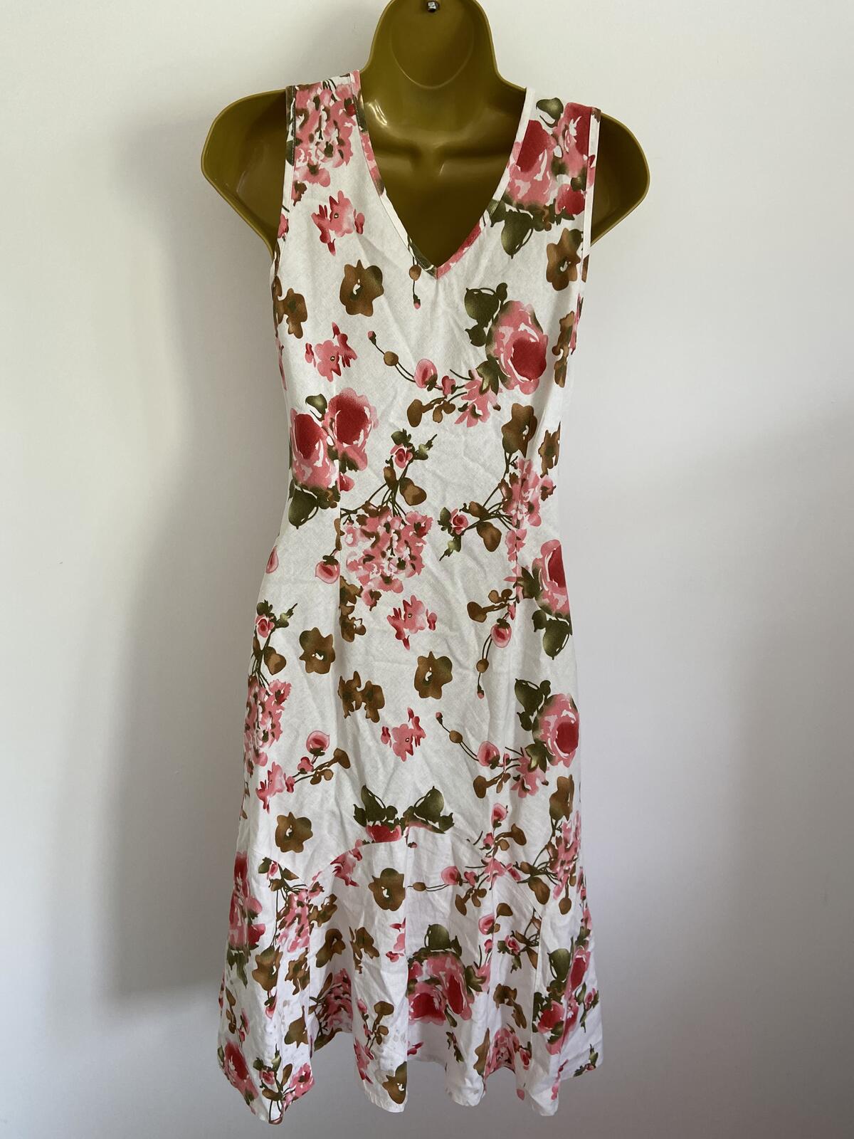 White & Pink Floral Linen Blend Sleeveless Summer Dress Size 12