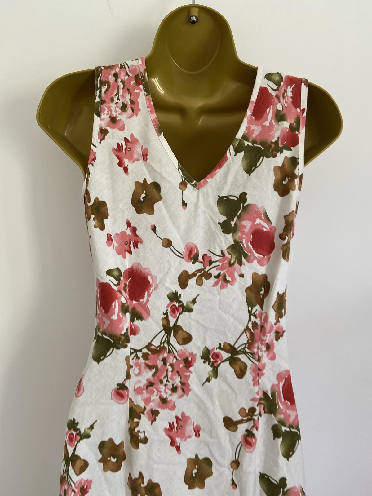 White & Pink Floral Linen Blend Sleeveless Summer Dress Size 12