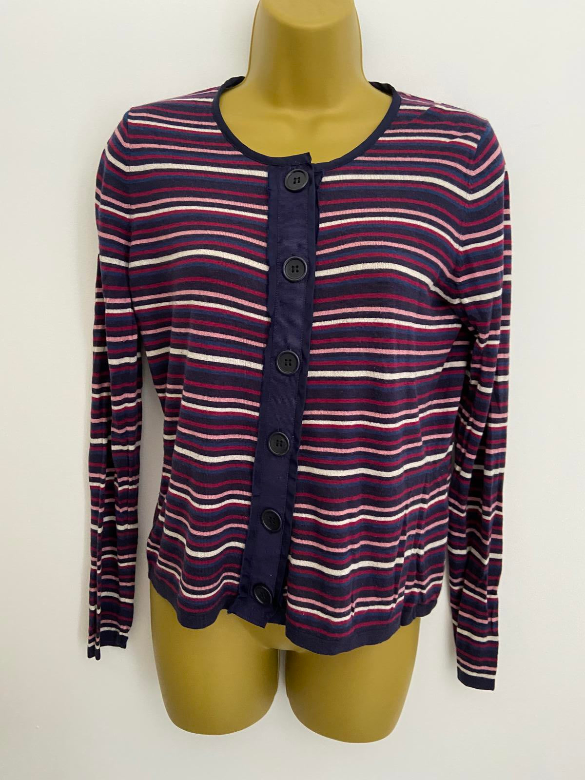 East Striped Cardigan - Navy Multi, Silk & Cashmere Blend, Size 12