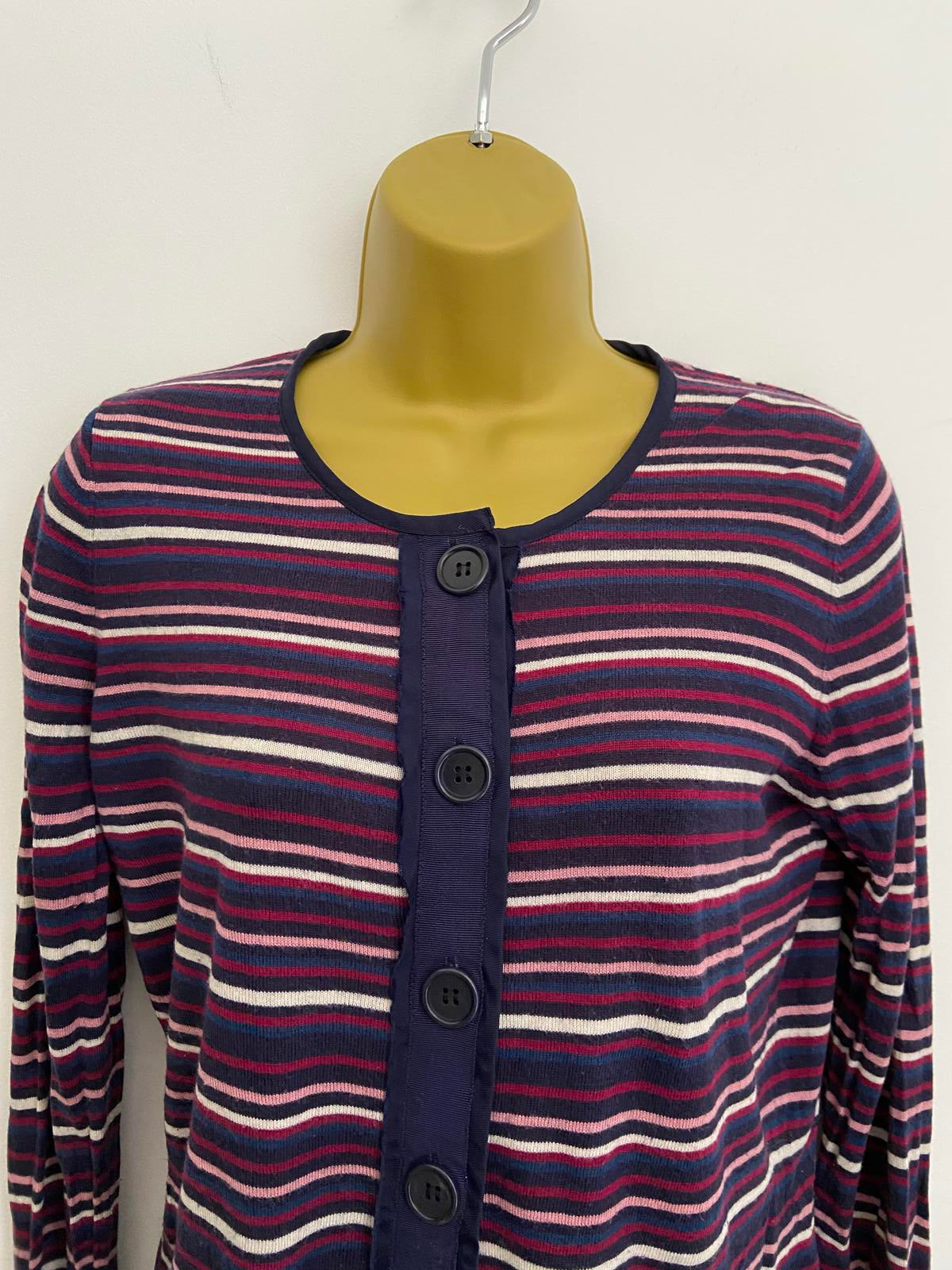 East Striped Cardigan - Navy Multi, Silk & Cashmere Blend, Size 12