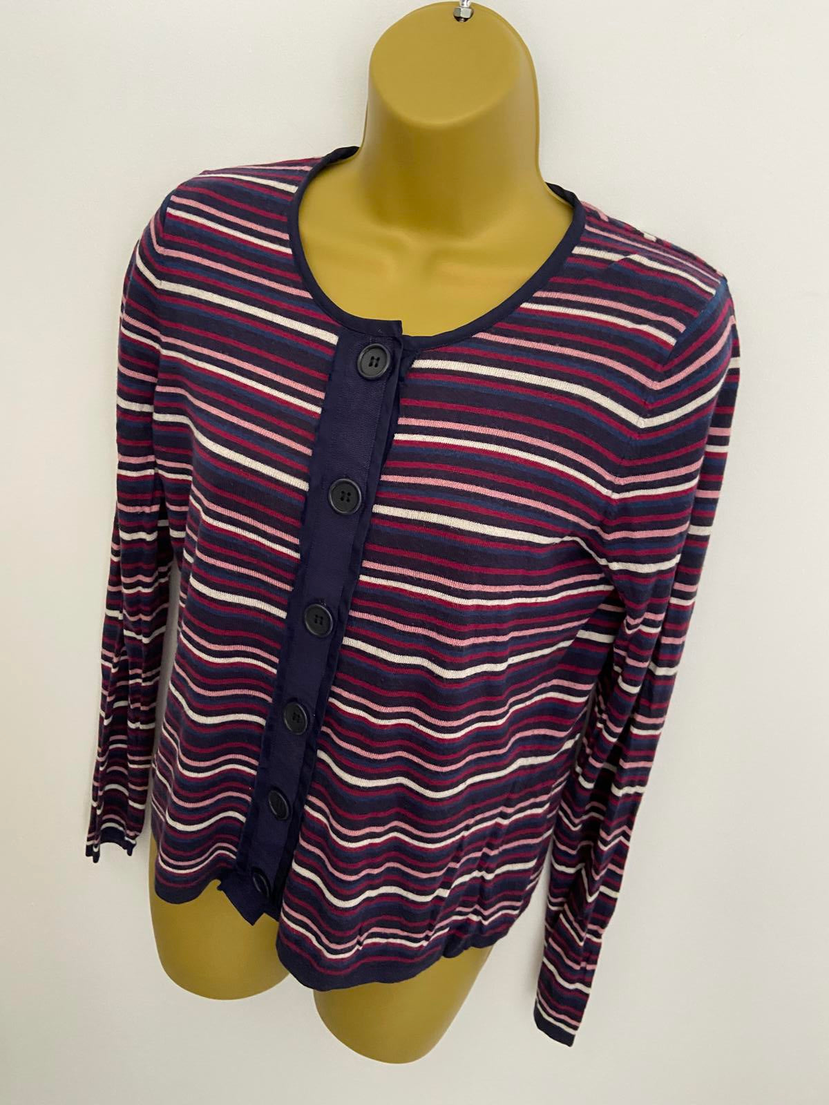 East Striped Cardigan - Navy Multi, Silk & Cashmere Blend, Size 12