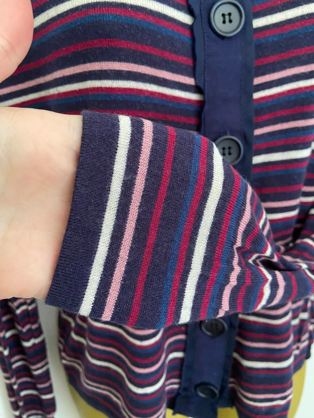 East Striped Cardigan - Navy Multi, Silk & Cashmere Blend, Size 12