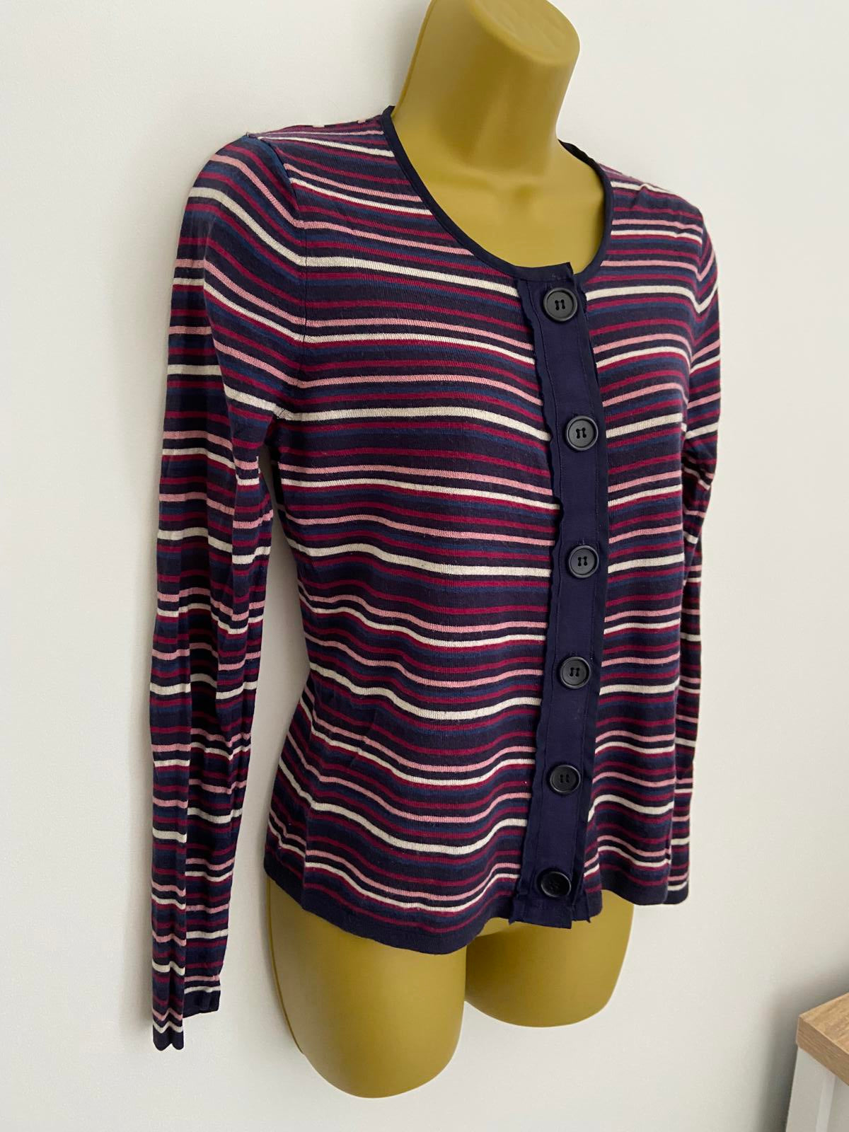 East Striped Cardigan - Navy Multi, Silk & Cashmere Blend, Size 12