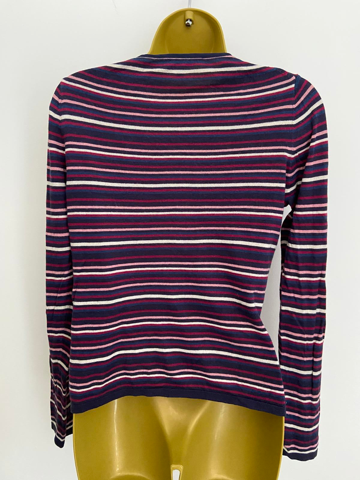 East Striped Cardigan - Navy Multi, Silk & Cashmere Blend, Size 12