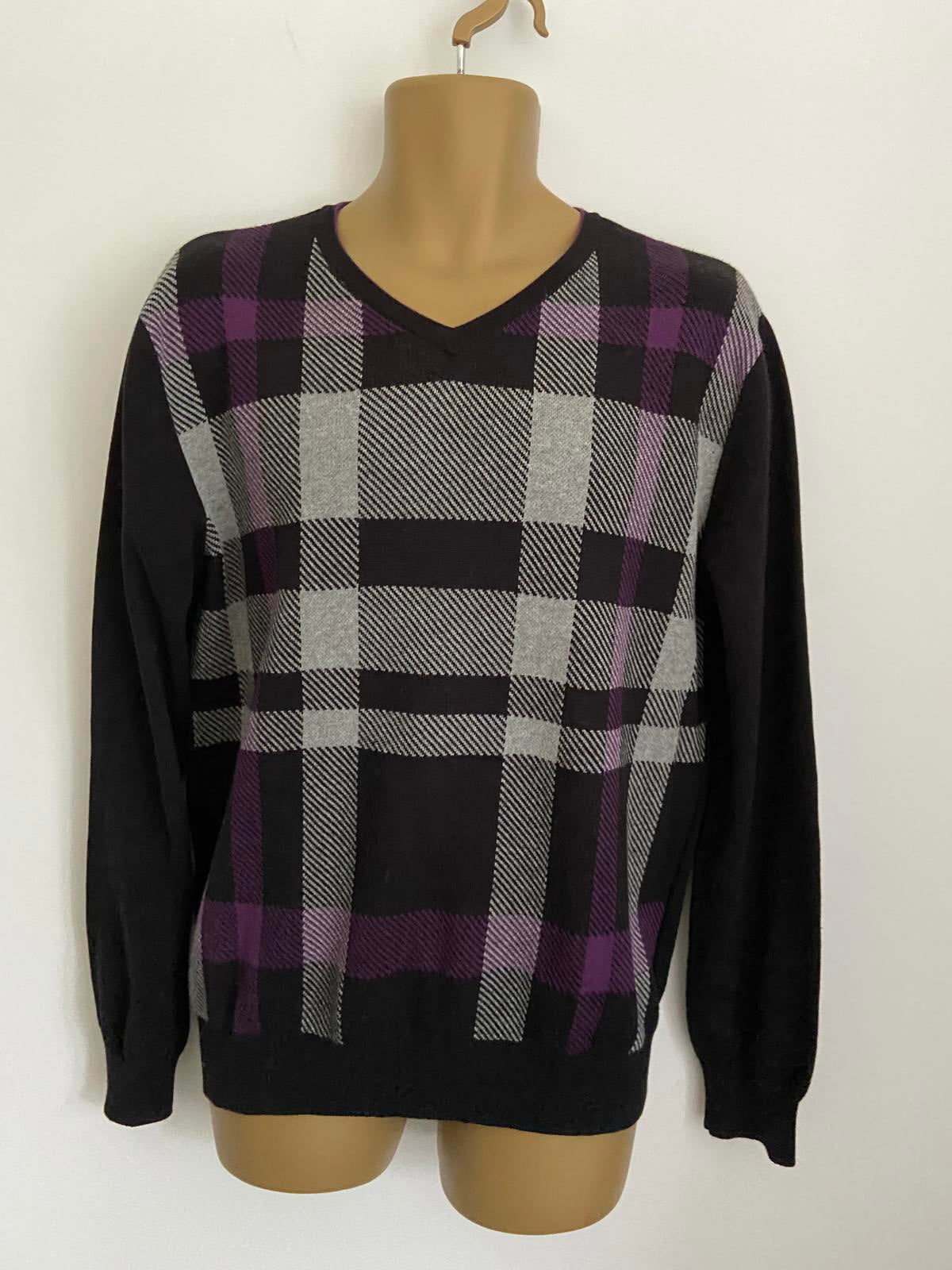 Cedarwood State Size M Men’s Purple & Grey Plaid V-Neck Cotton Knit Jumper