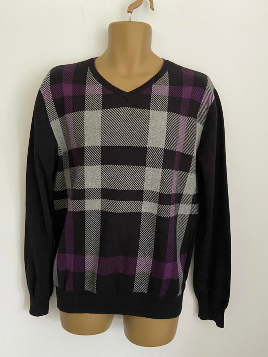 Cedarwood State Size M Men’s Purple & Grey Plaid V-Neck Cotton Knit Jumper