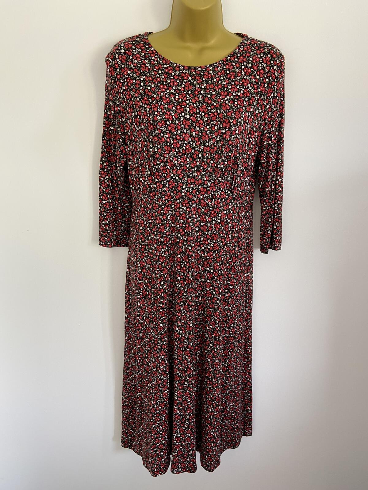 Black & Red Ditsy Floral Short Sleeve Jersey Midi Dress Size 10-12