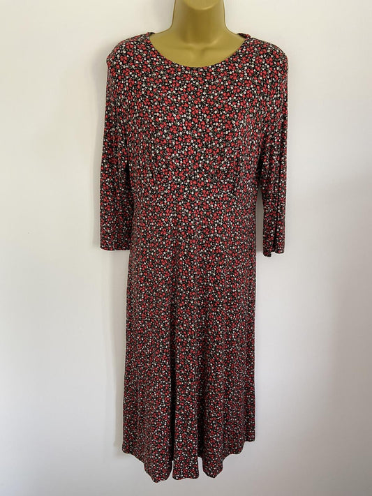 Black & Red Ditsy Floral Short Sleeve Jersey Midi Dress Size 10-12