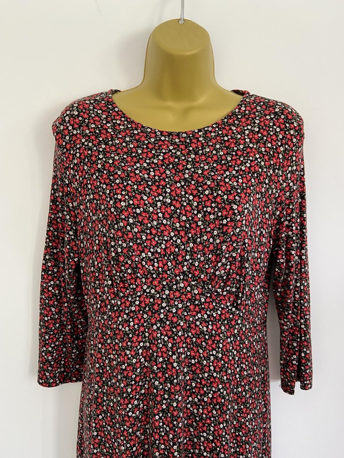 Black & Red Ditsy Floral Short Sleeve Jersey Midi Dress Size 10-12