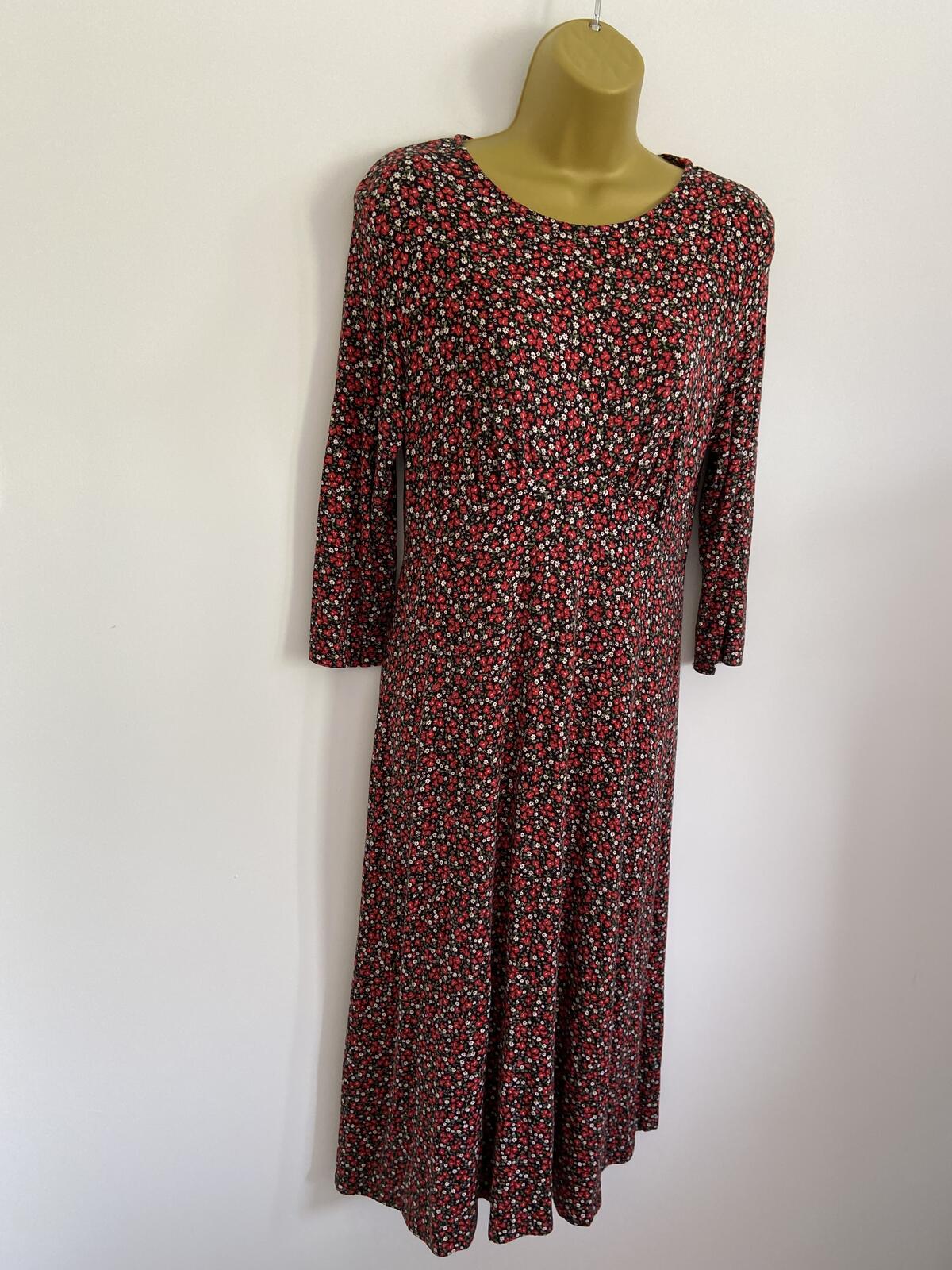 Black & Red Ditsy Floral Short Sleeve Jersey Midi Dress Size 10-12