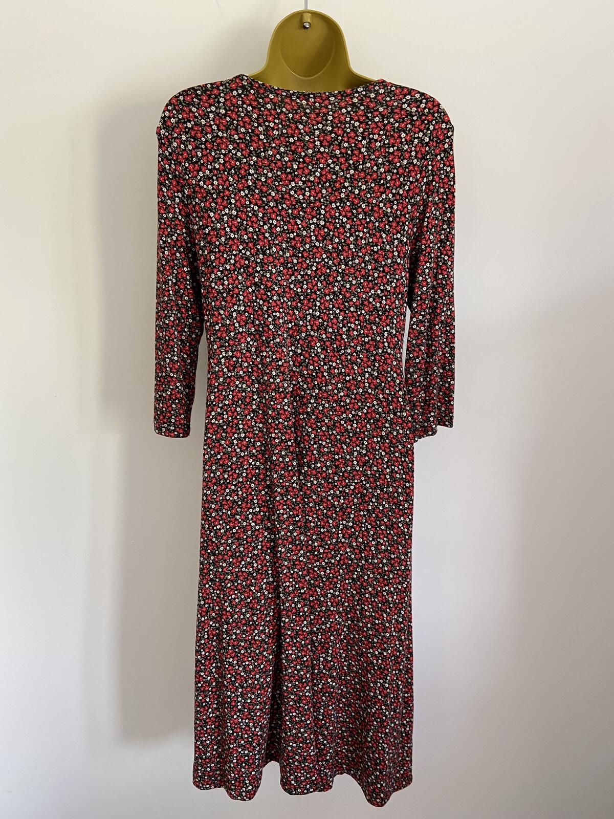 Black & Red Ditsy Floral Short Sleeve Jersey Midi Dress Size 10-12
