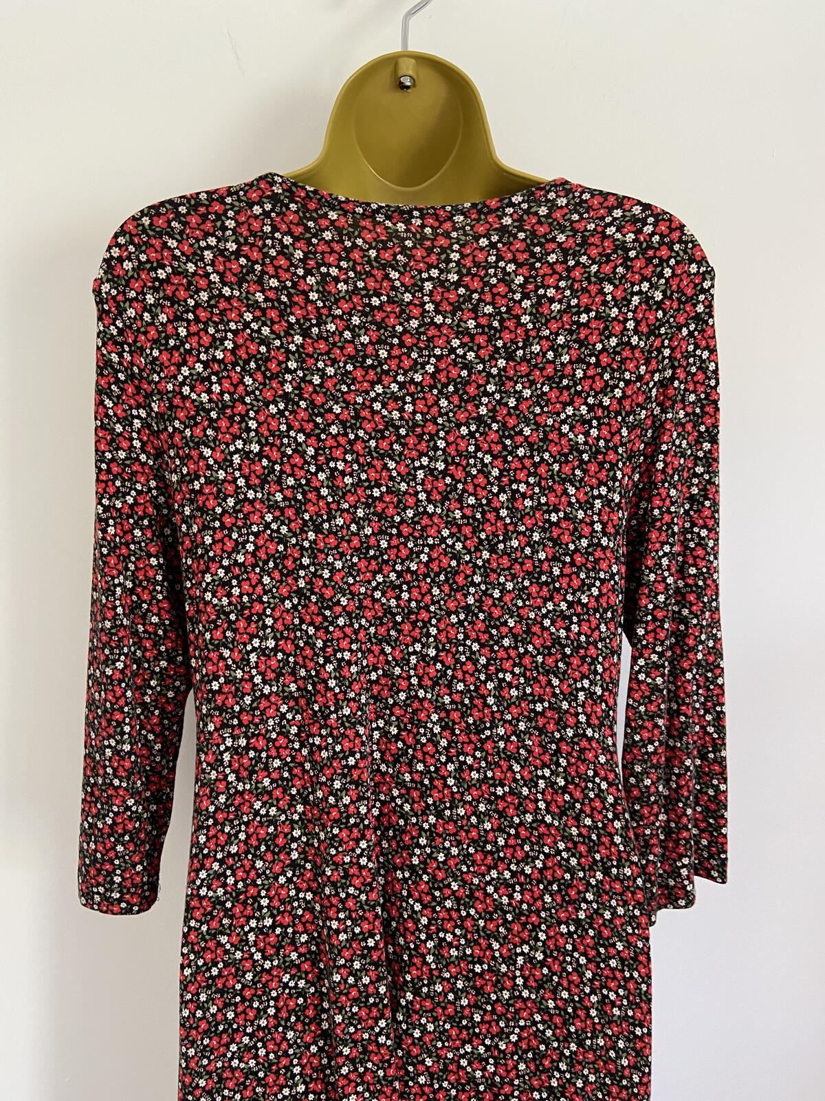 Black & Red Ditsy Floral Short Sleeve Jersey Midi Dress Size 10-12