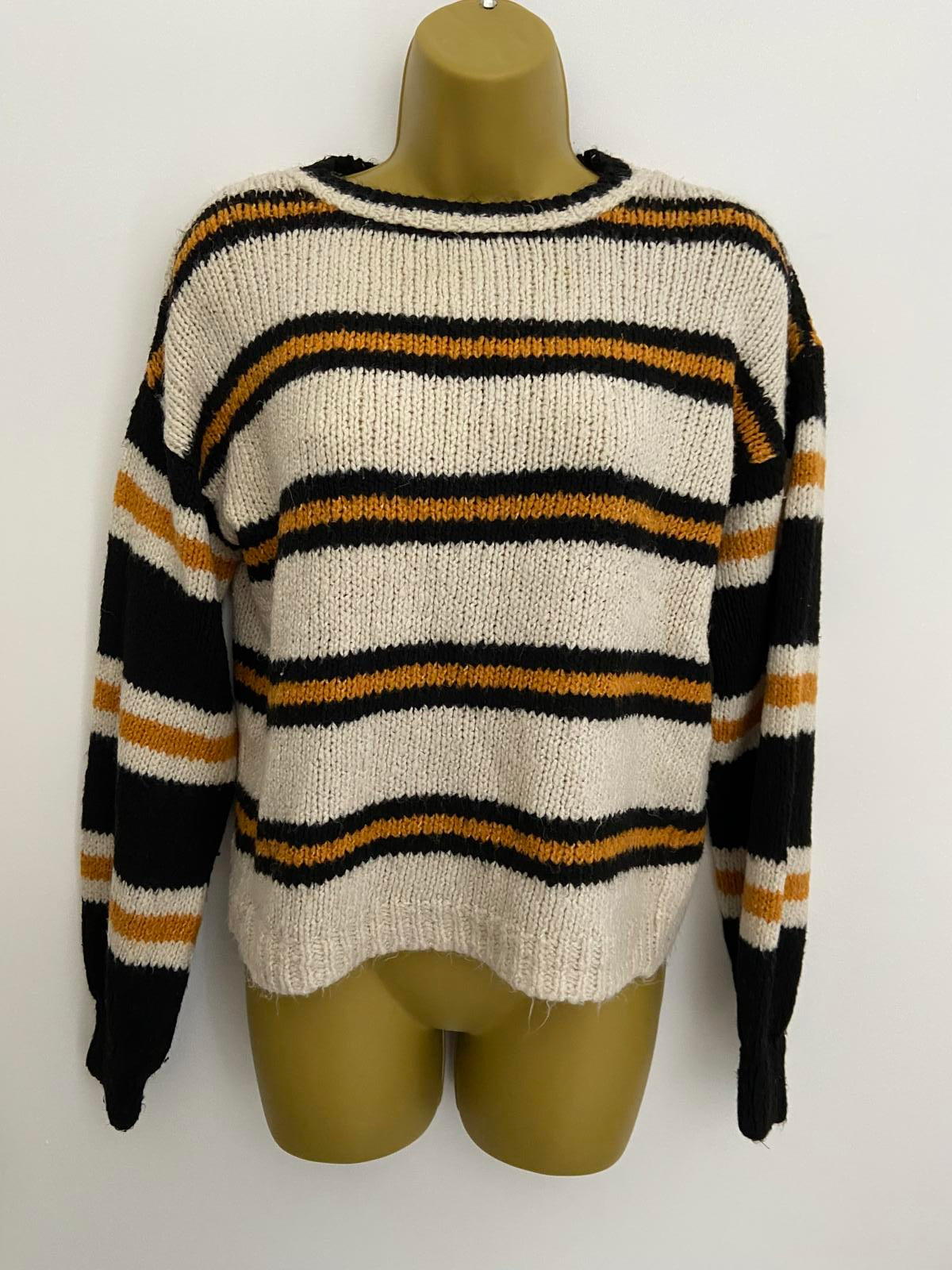 Primark Lightweight Striped Sweatshirt - Black, Cream & Orange, Size XS