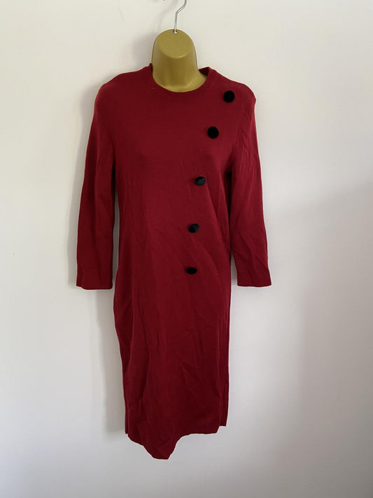 Deep Red Knit Jumper Dress With Velvet Button Detail Size 8-10