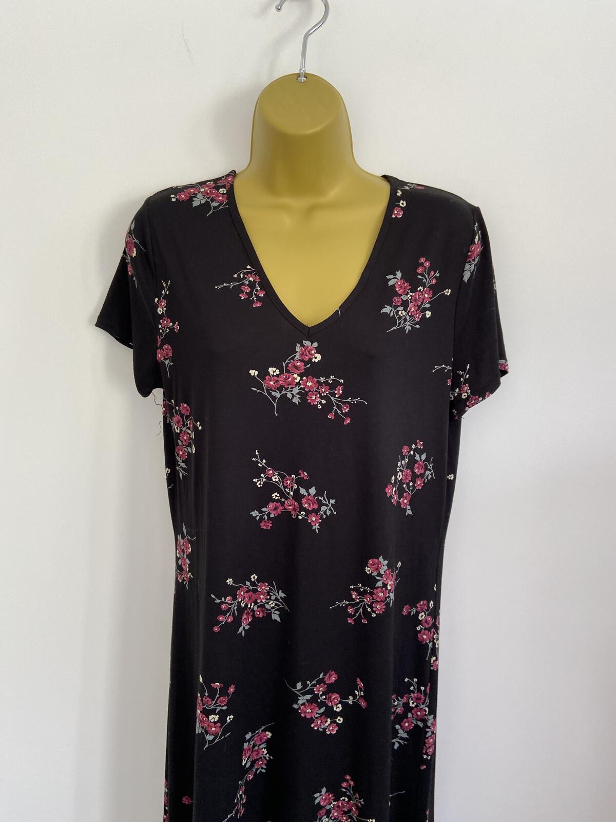 Black & Pink Rose Floral T-Shirt Style Maxi Dress Size 14