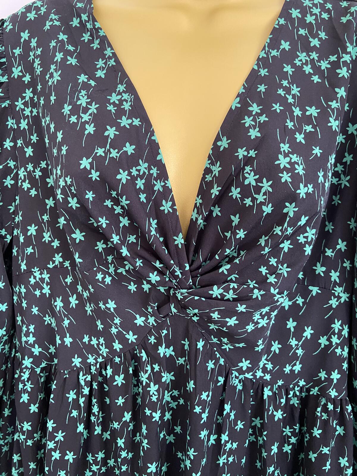 New Look Curves Black & Green Floral V-Neck Twist Front Midi Dress Size 18