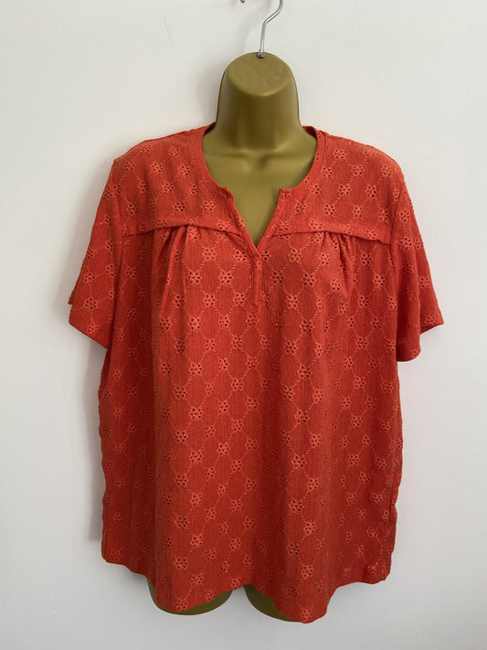 Damart Vibrant Orange Embroidered V-Neck Short Sleeve Blouse Size 18-20