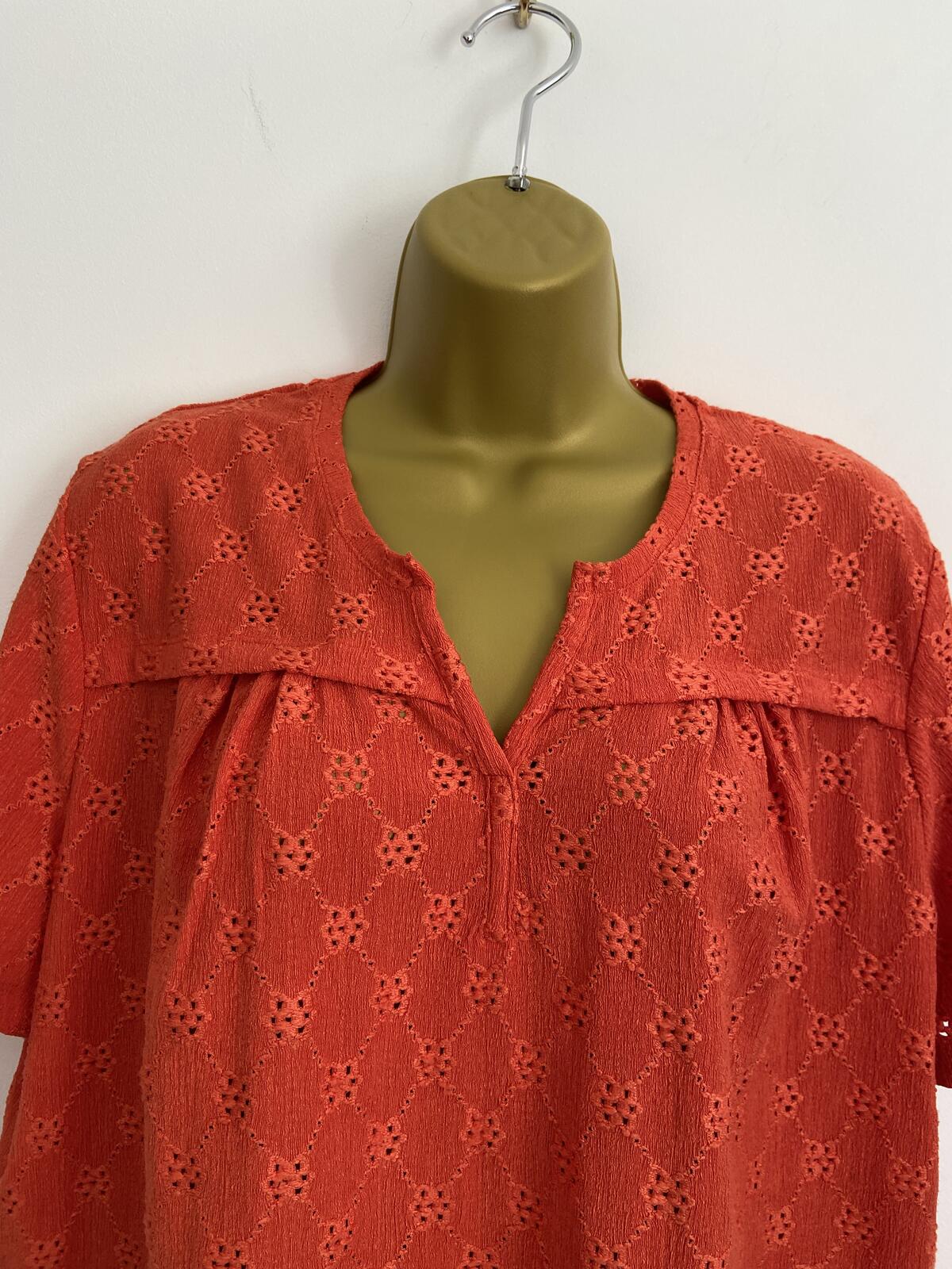 Damart Vibrant Orange Embroidered V-Neck Short Sleeve Blouse Size 18-20