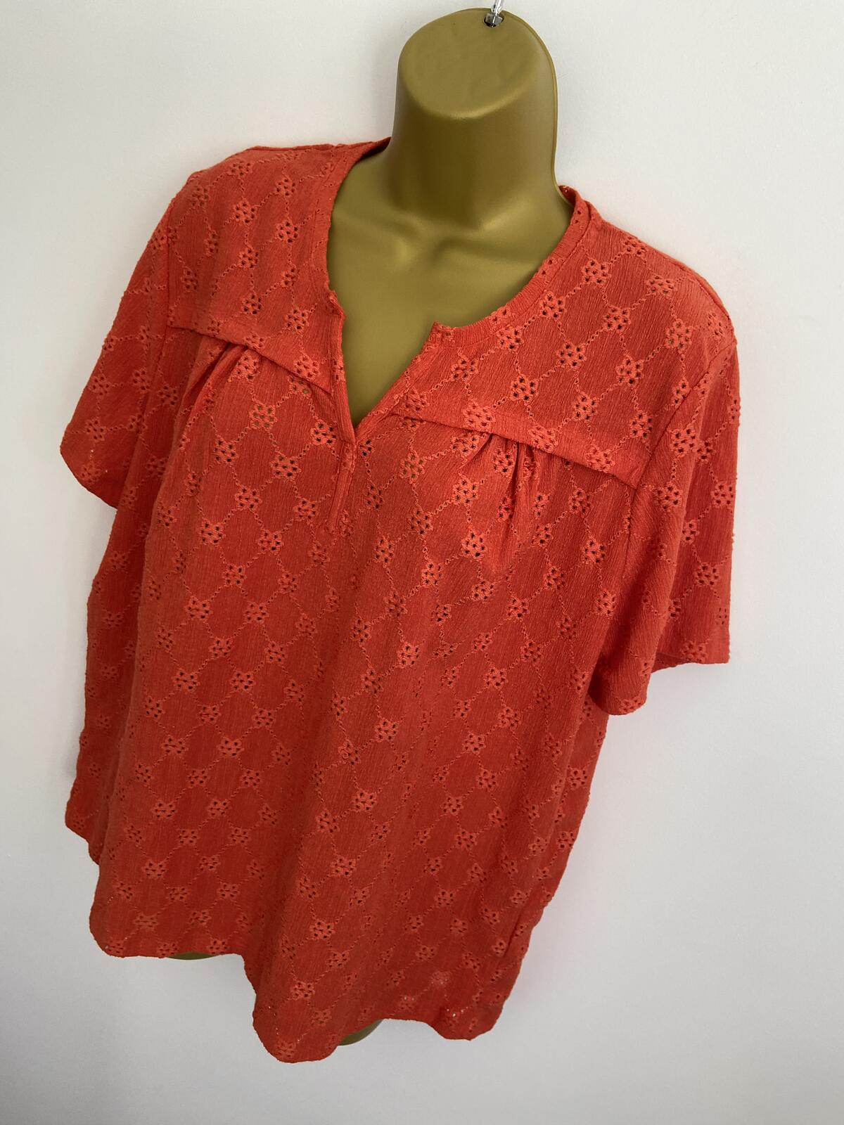 Damart Vibrant Orange Embroidered V-Neck Short Sleeve Blouse Size 18-20