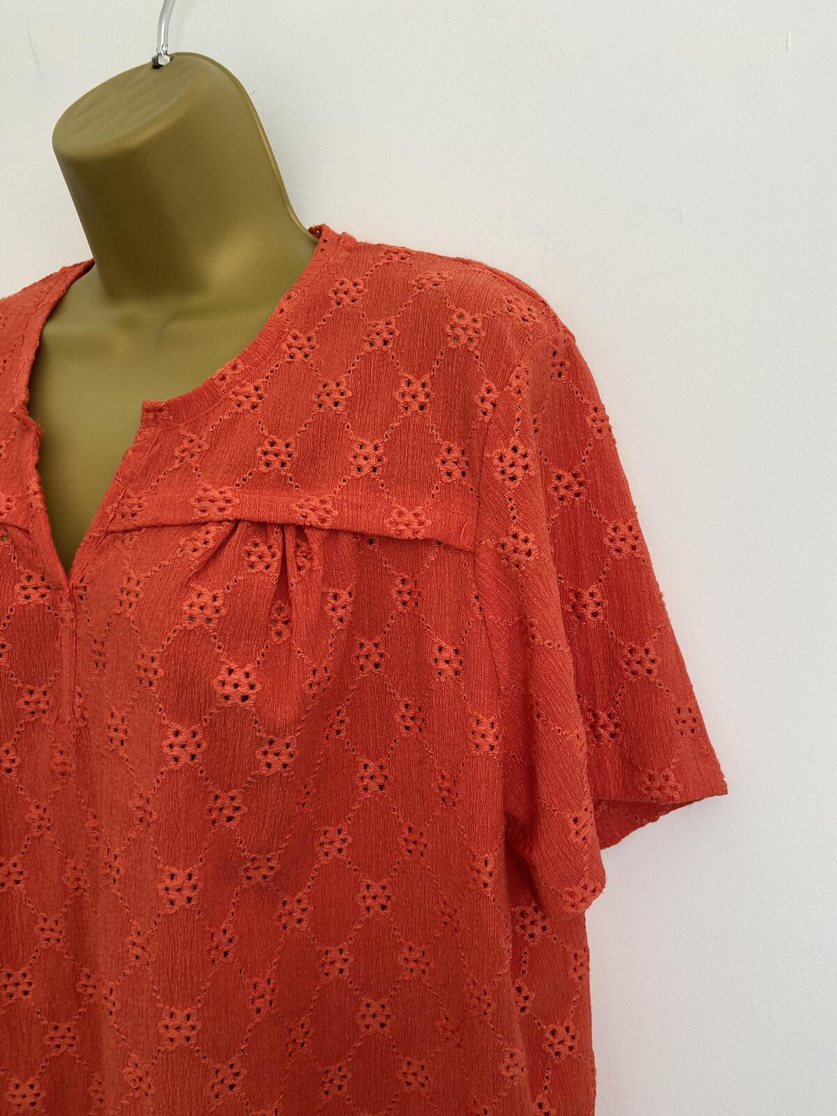Damart Vibrant Orange Embroidered V-Neck Short Sleeve Blouse Size 18-20