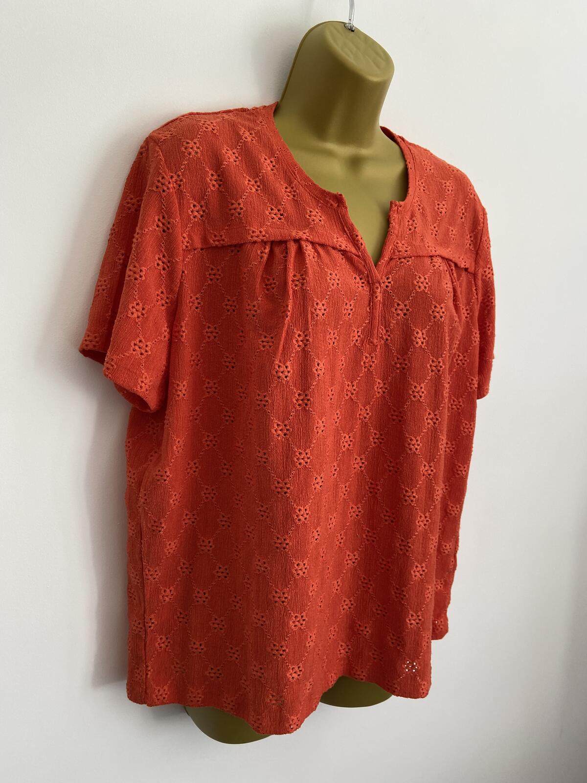 Damart Vibrant Orange Embroidered V-Neck Short Sleeve Blouse Size 18-20