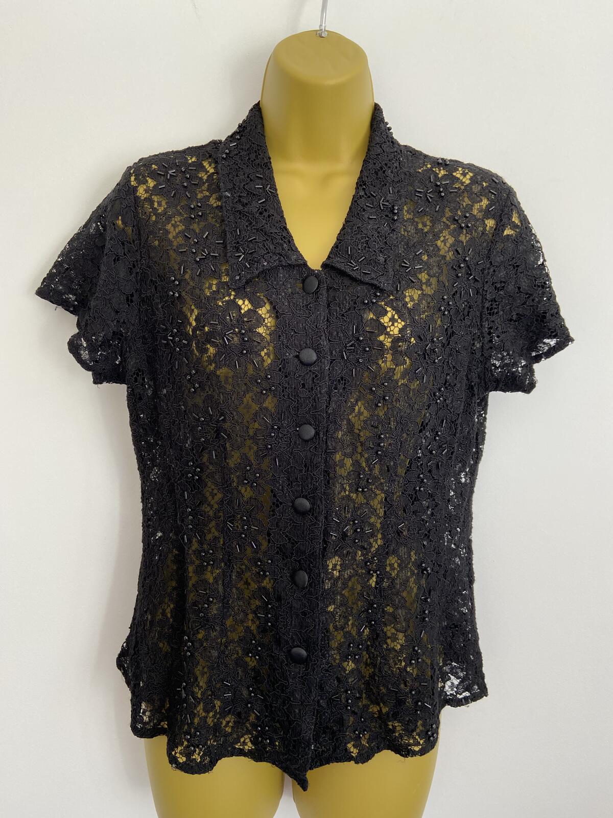 Vintage Style Black Lace Beaded Button-Up Blouse Cardigan Size 10-12