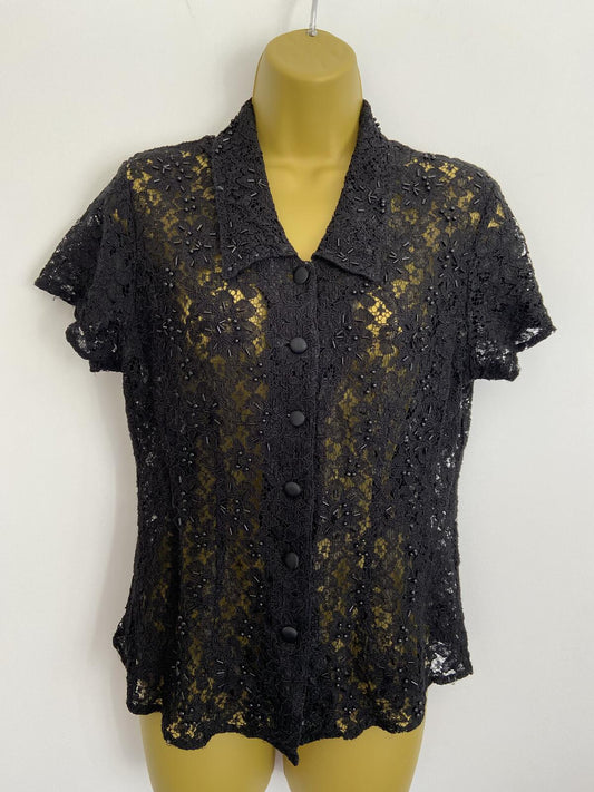 Vintage Style Black Lace Beaded Button-Up Blouse Cardigan Size 10-12