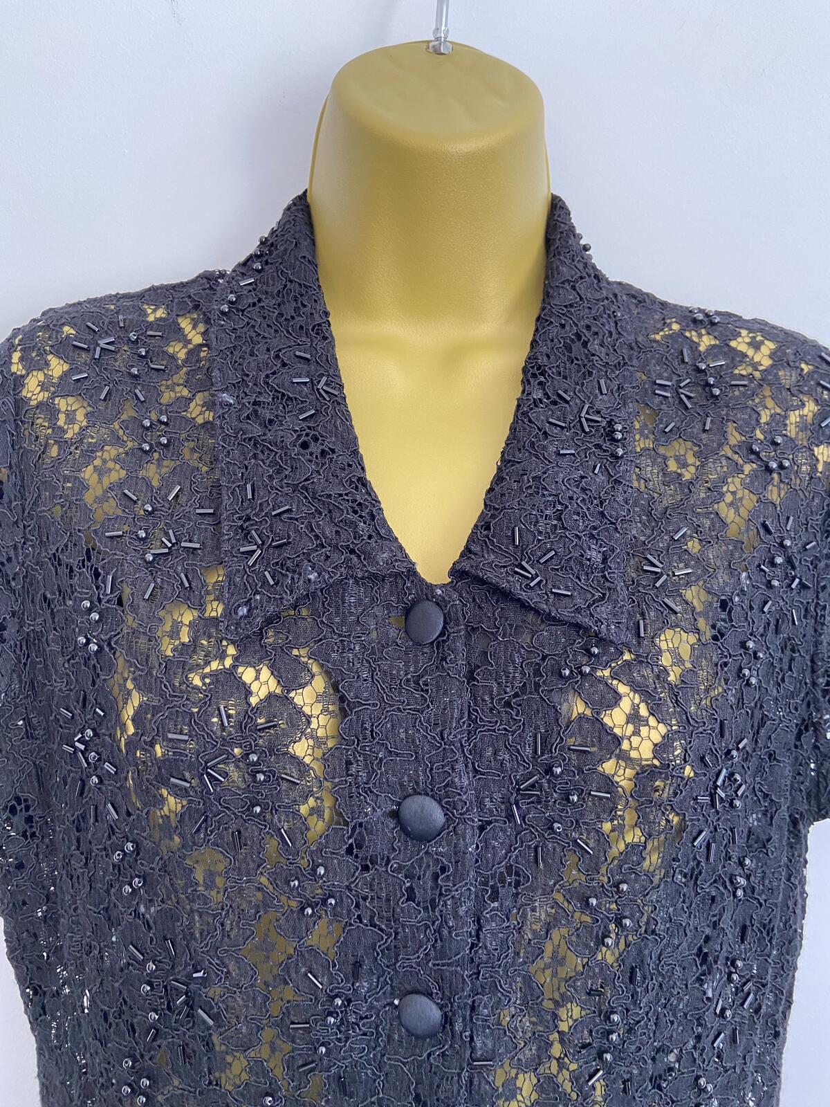 Vintage Style Black Lace Beaded Button-Up Blouse Cardigan Size 10-12