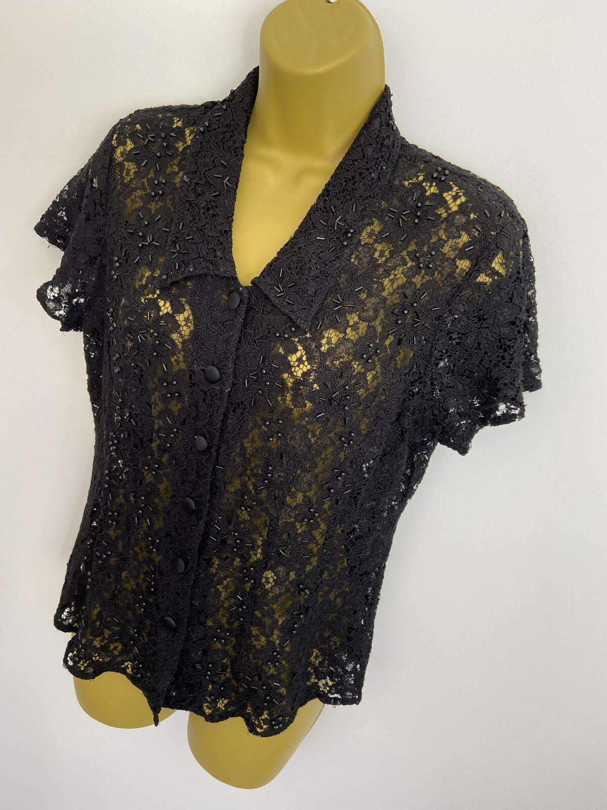 Vintage Style Black Lace Beaded Button-Up Blouse Cardigan Size 10-12