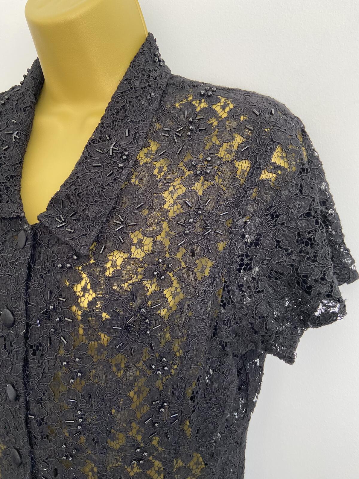 Vintage Style Black Lace Beaded Button-Up Blouse Cardigan Size 10-12