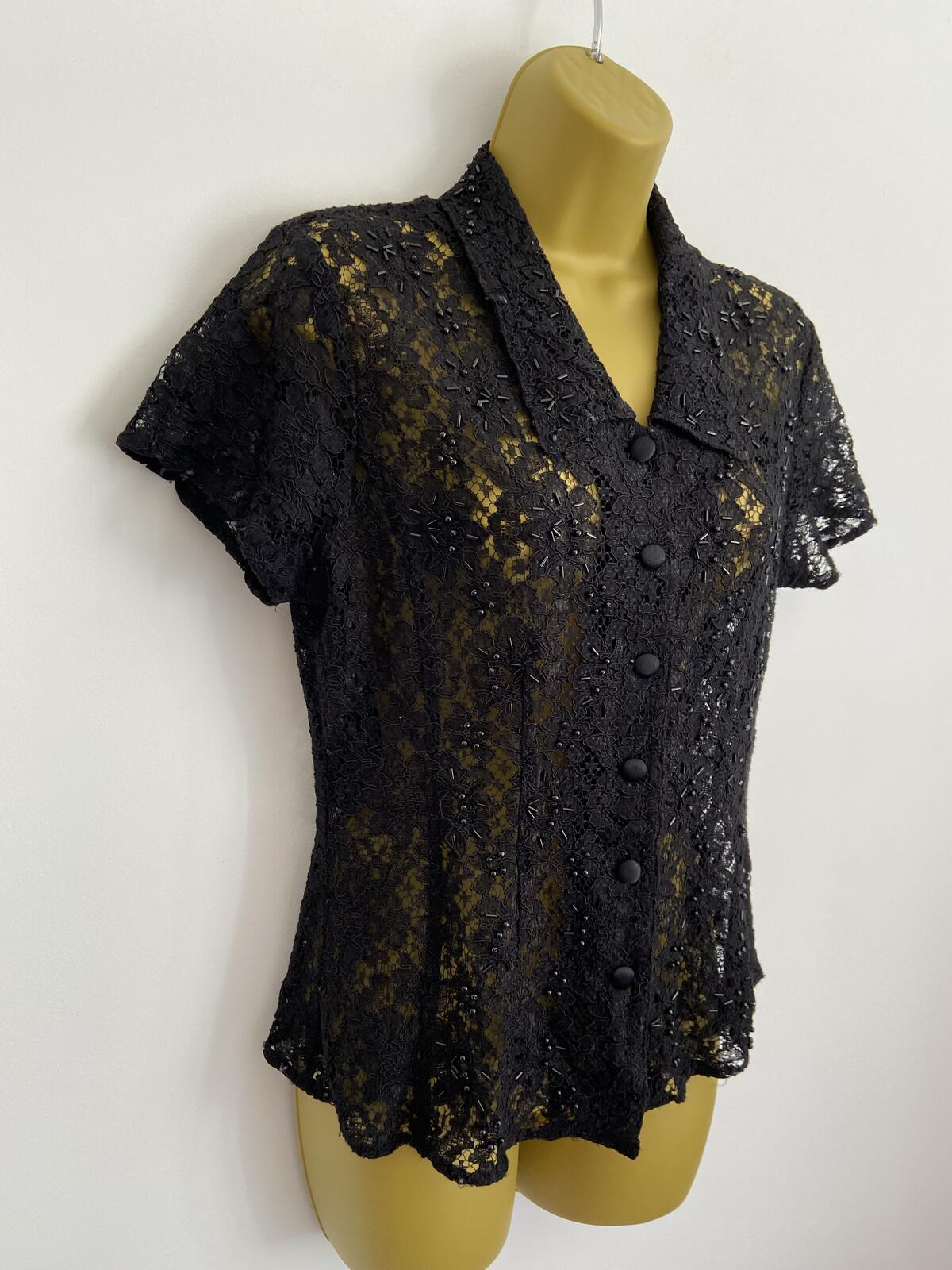 Vintage Style Black Lace Beaded Button-Up Blouse Cardigan Size 10-12