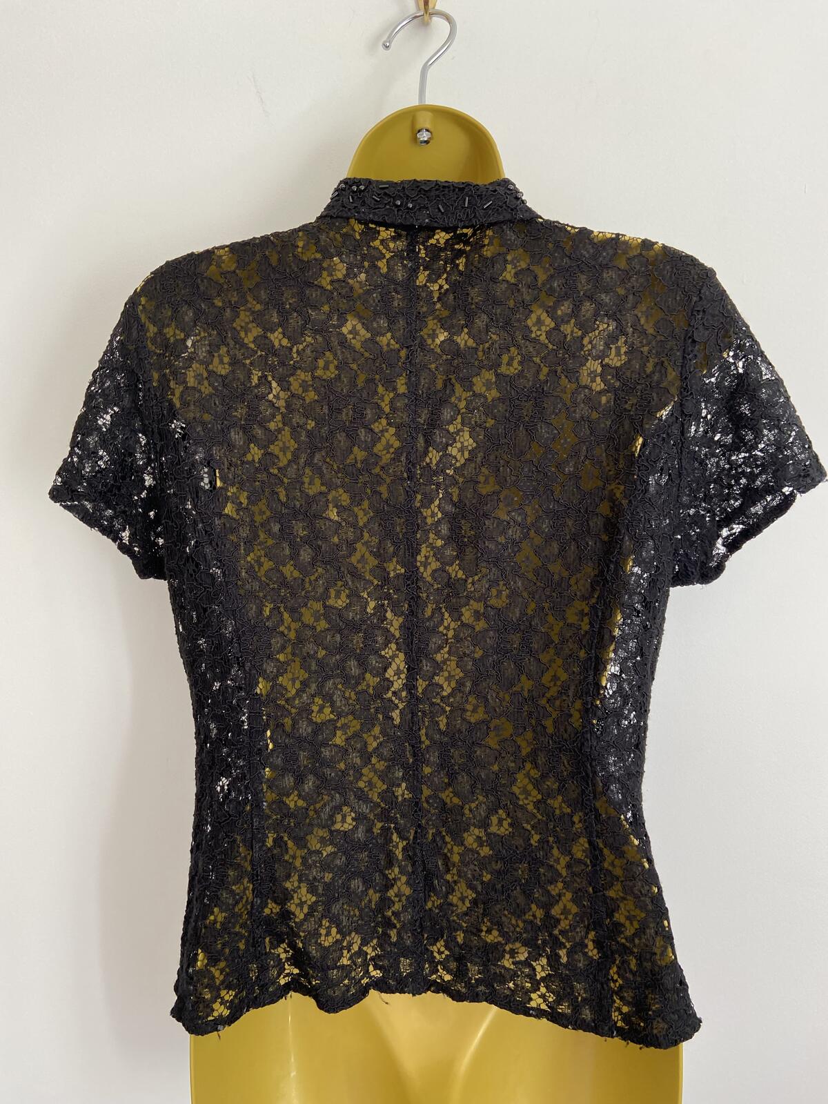 Vintage Style Black Lace Beaded Button-Up Blouse Cardigan Size 10-12