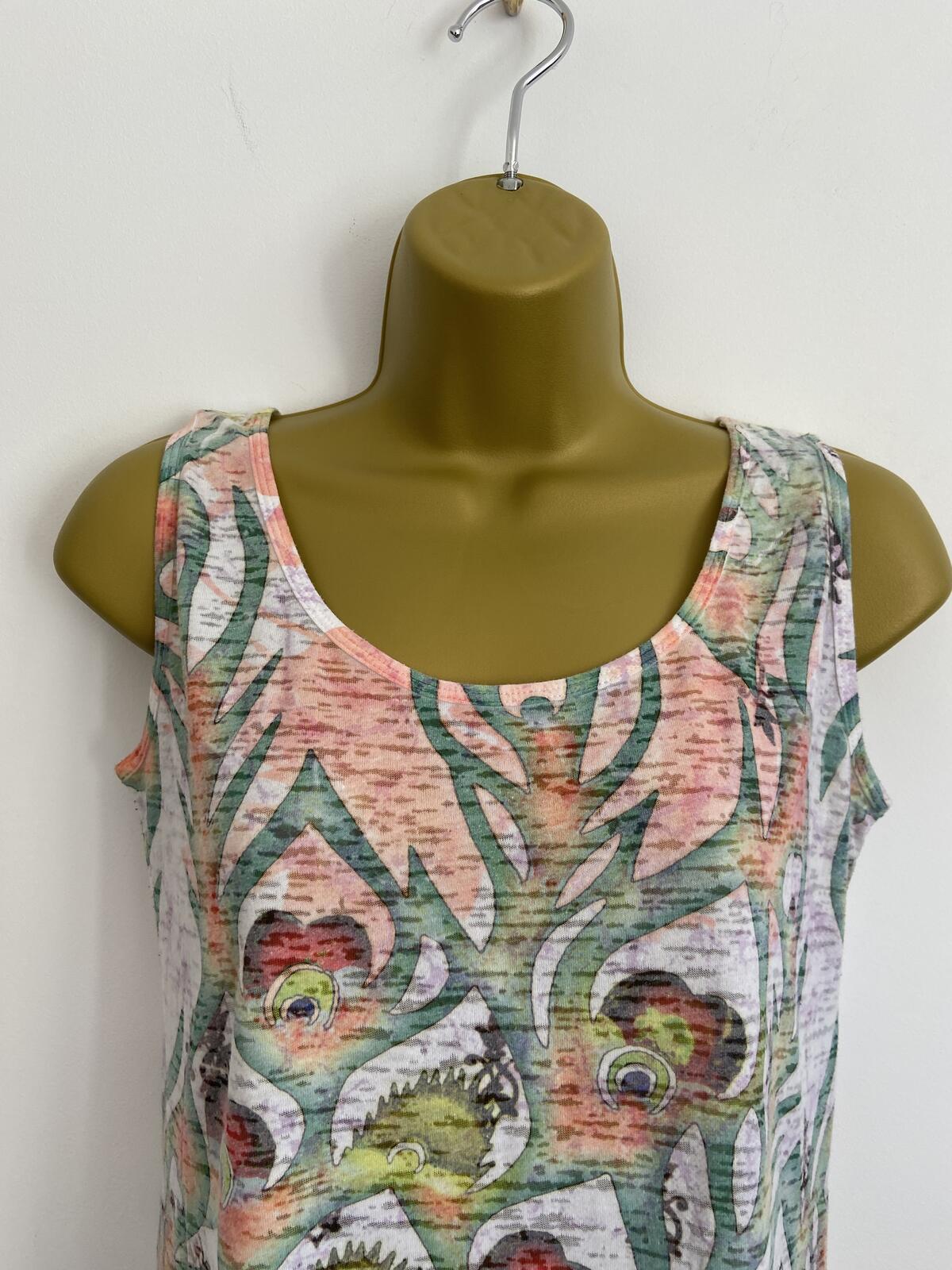 Soft Cotton Blend Sleeveless Vest Top Pink & Green Abstract Print Size M