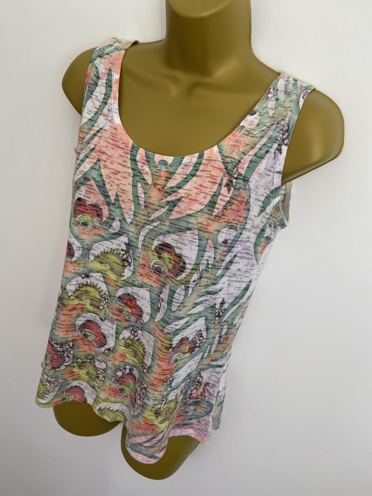 Soft Cotton Blend Sleeveless Vest Top Pink & Green Abstract Print Size M