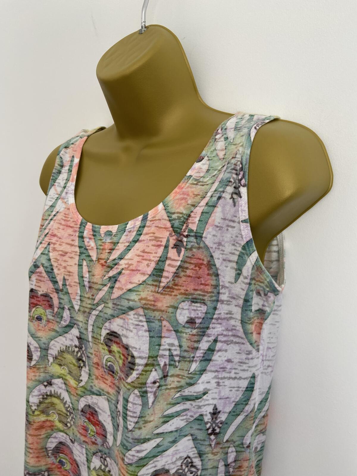 Soft Cotton Blend Sleeveless Vest Top Pink & Green Abstract Print Size M