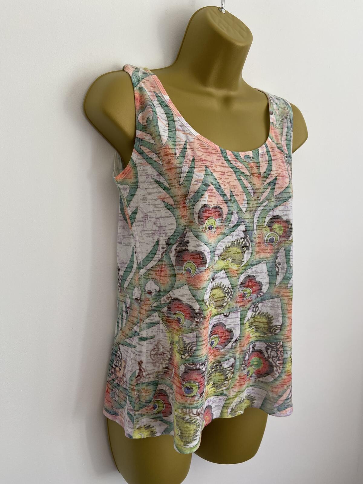 Soft Cotton Blend Sleeveless Vest Top Pink & Green Abstract Print Size M