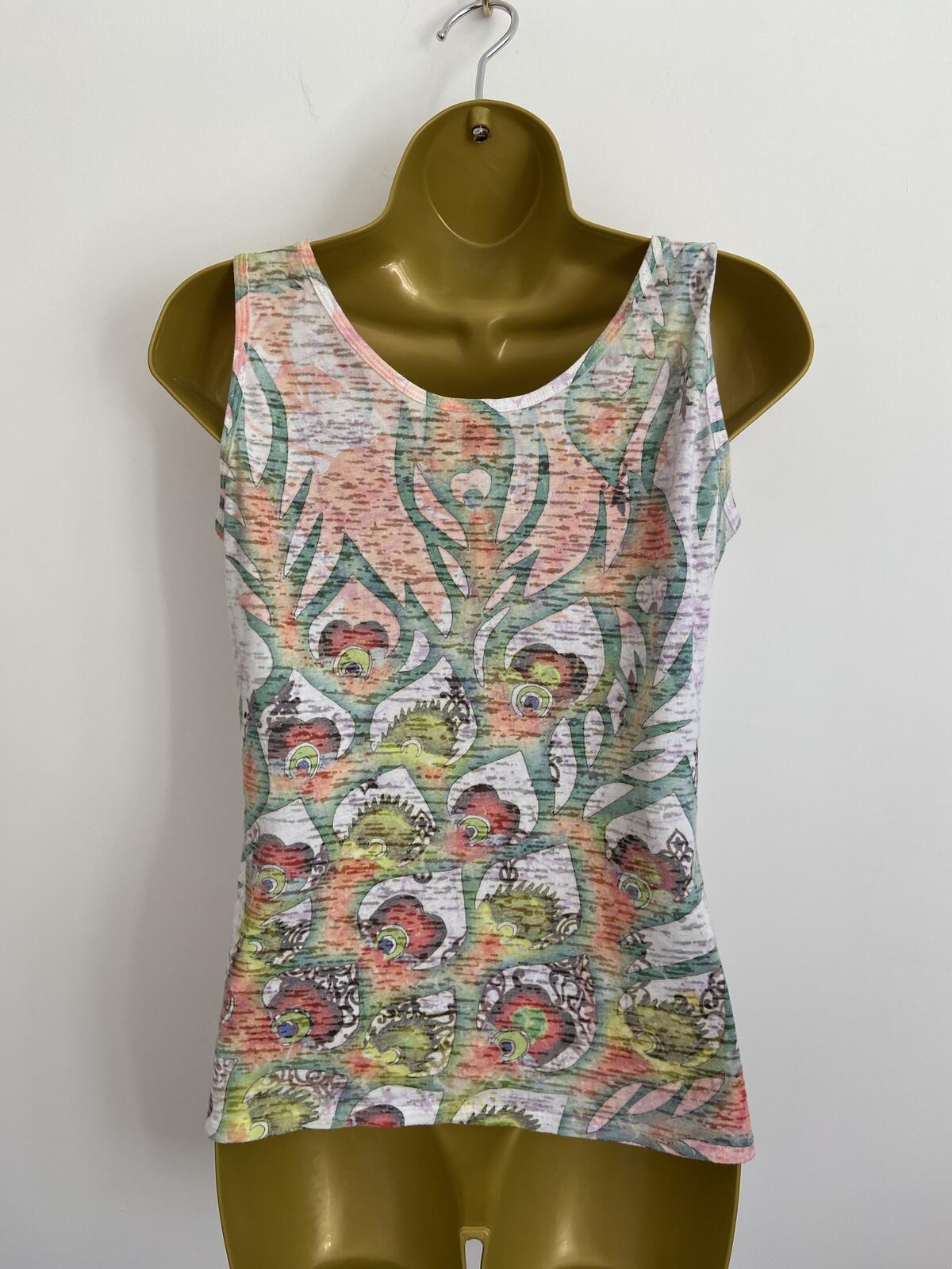 Soft Cotton Blend Sleeveless Vest Top Pink & Green Abstract Print Size M