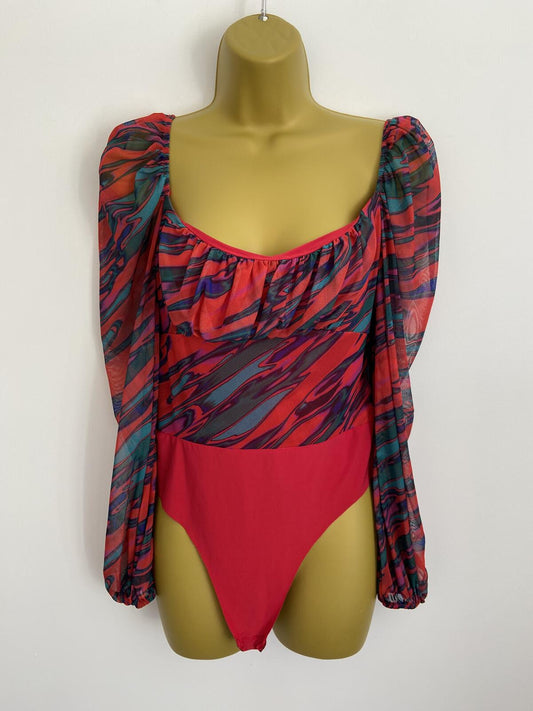 Quiz Red & Green Abstract Print Sheer Sleeve Bodysuit Size 12