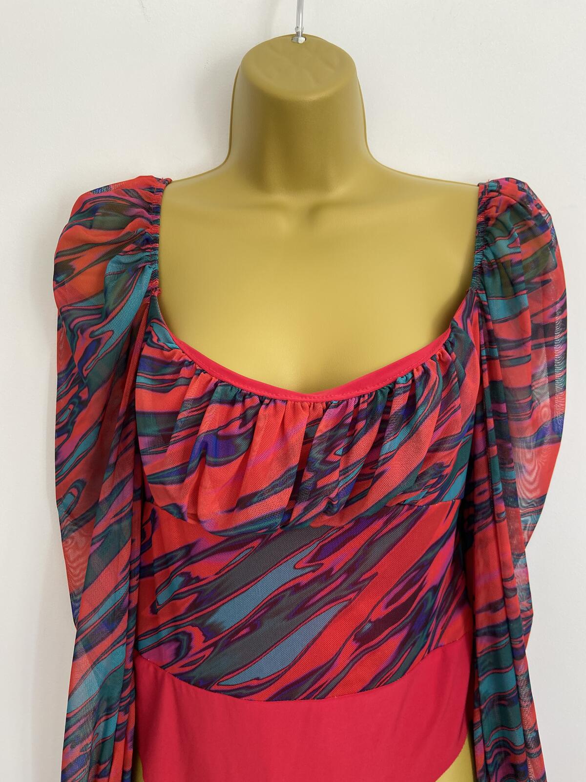 Quiz Red & Green Abstract Print Sheer Sleeve Bodysuit Size 12