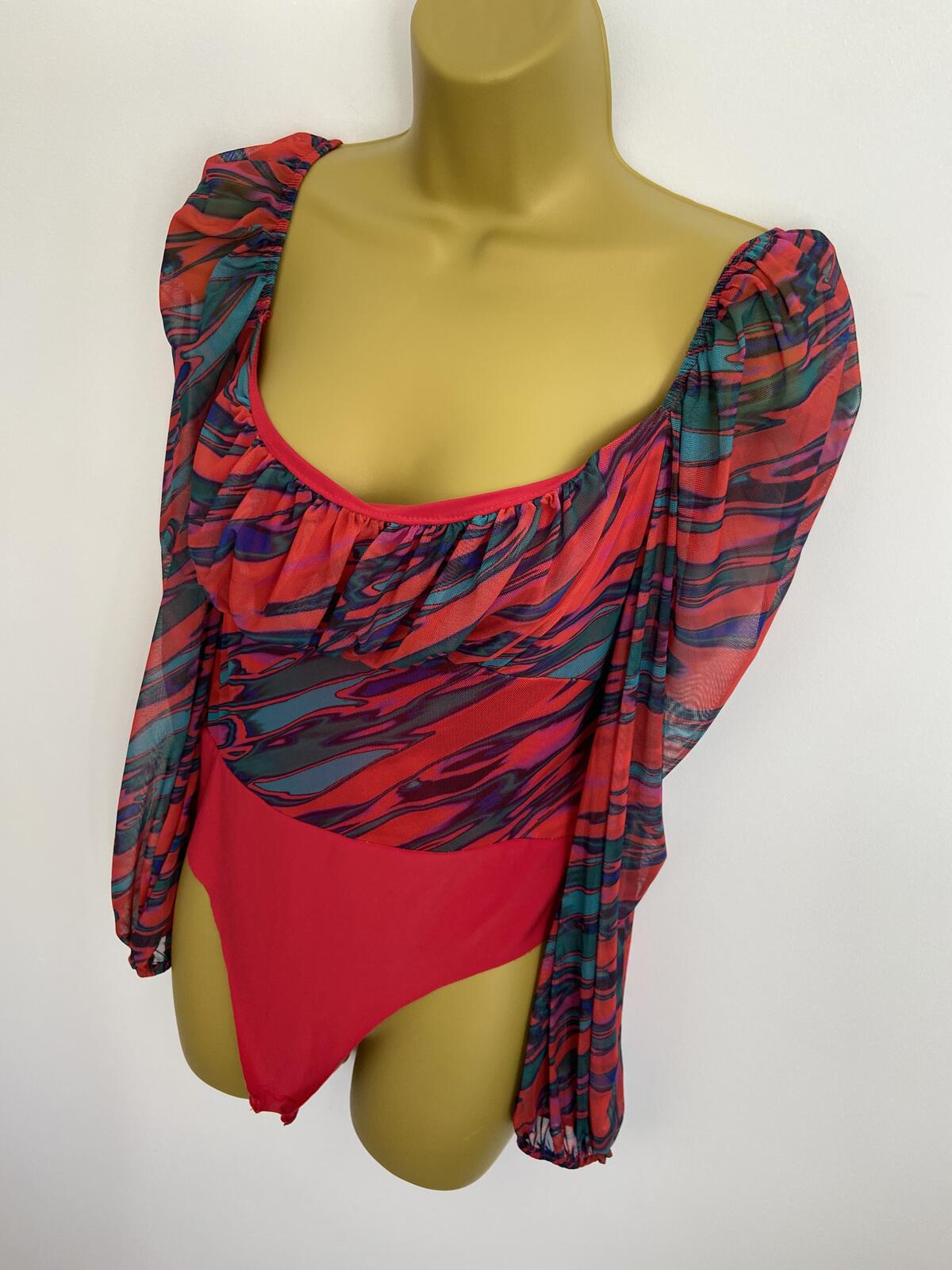 Quiz Red & Green Abstract Print Sheer Sleeve Bodysuit Size 12
