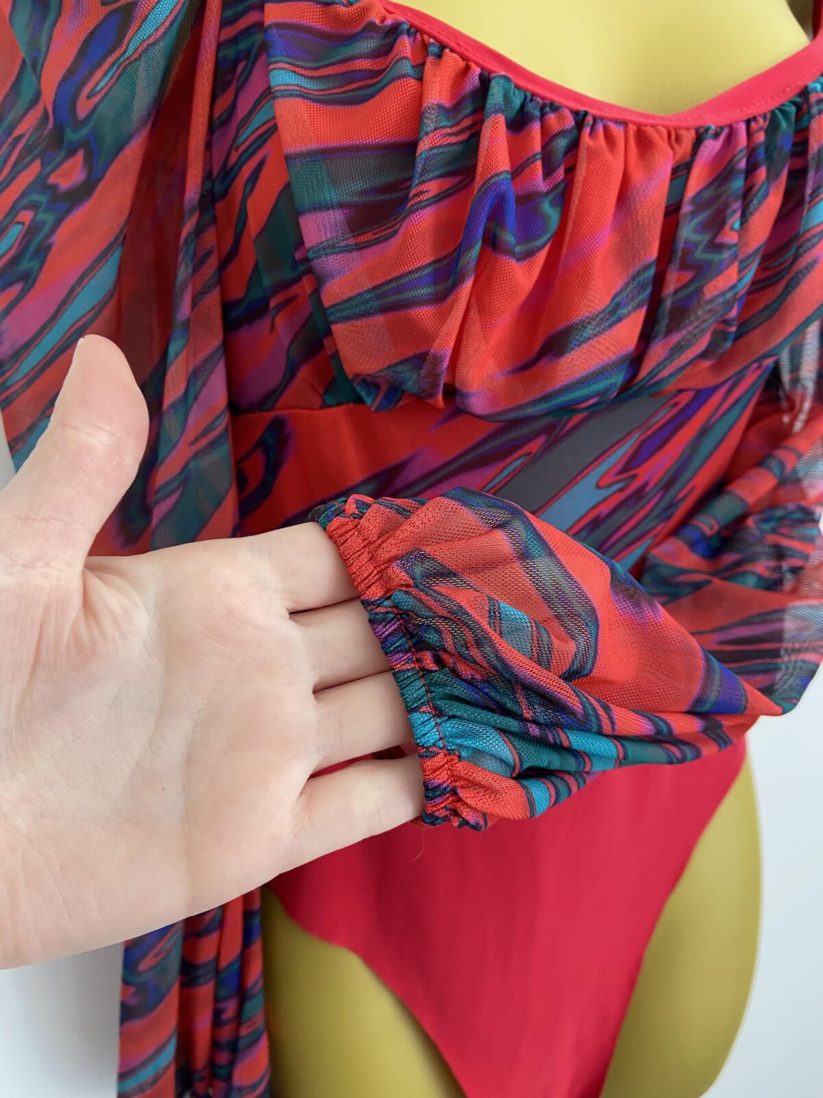 Quiz Red & Green Abstract Print Sheer Sleeve Bodysuit Size 12