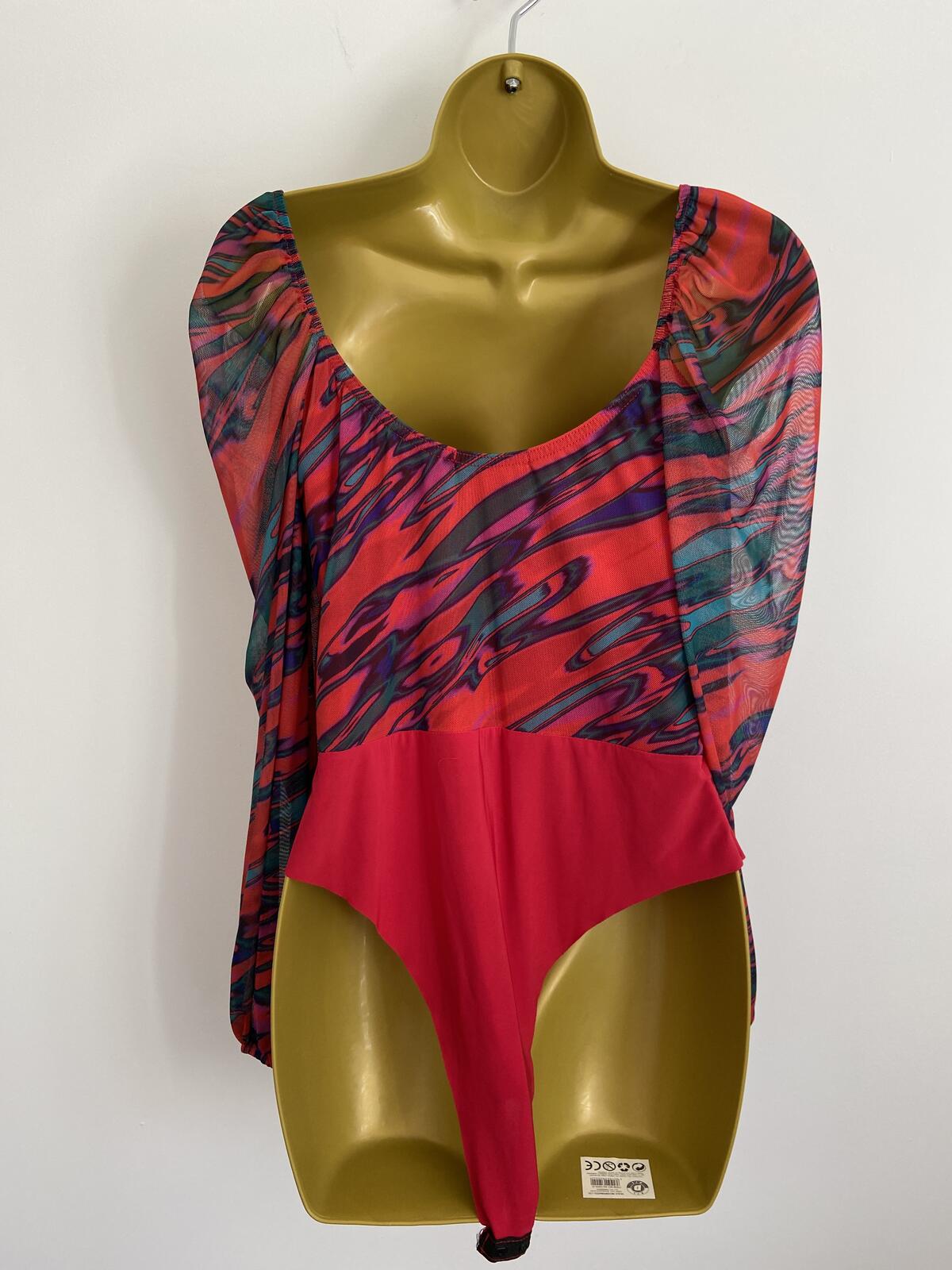Quiz Red & Green Abstract Print Sheer Sleeve Bodysuit Size 12